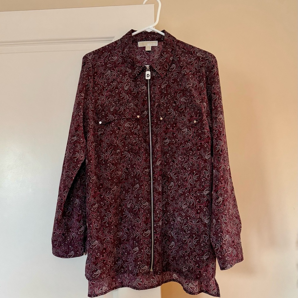 Michael Kors Burgundy Paisley Zip-Up Shirt